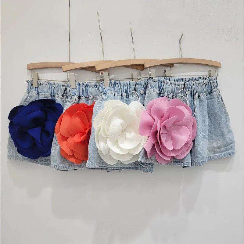 Spliced Flower High Waist Denim Shorts