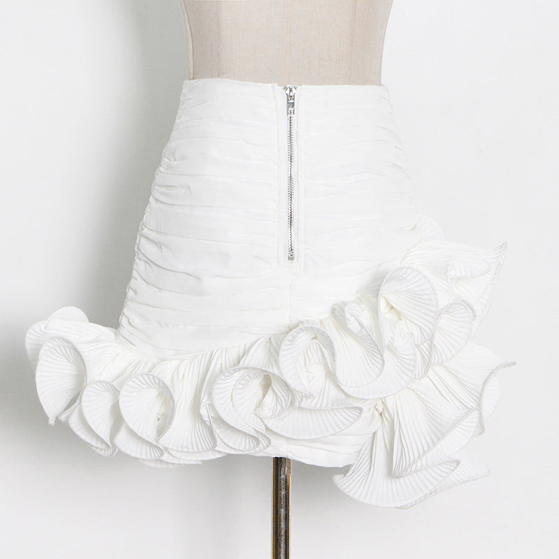 Pre Order:  Milky White Hip-Wrapped Ruffled Patchwork Mini Skirt