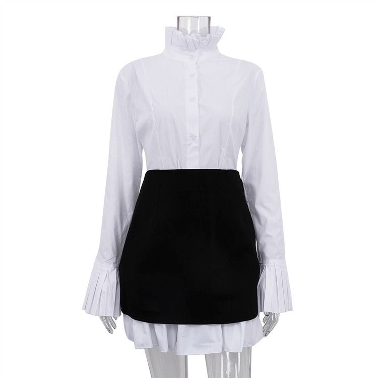 Pre Order:  Retro Flared Sleeves Pleated Stand Collar Shirt + Skirt Set