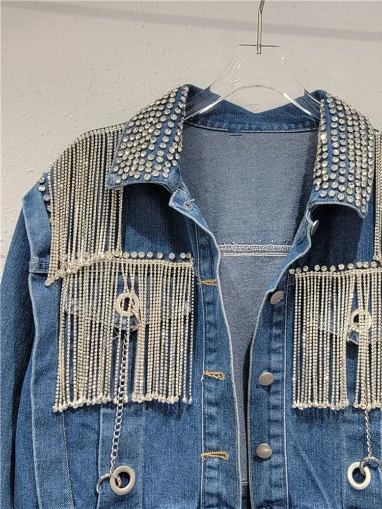 Pre Order:  Spliced Diamond Tassel Long Sleeved Denim Jacket