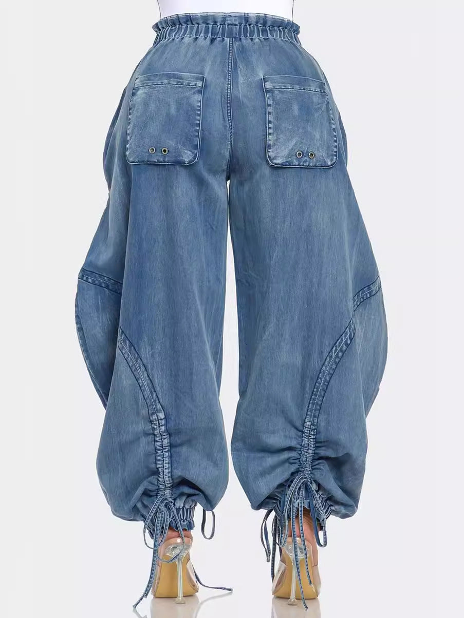 Pre Order:  Balloon Elastic Waistband Denim Jeans