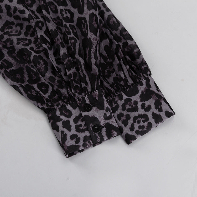 Leopard Print Long Sleeved Chiffon Dress