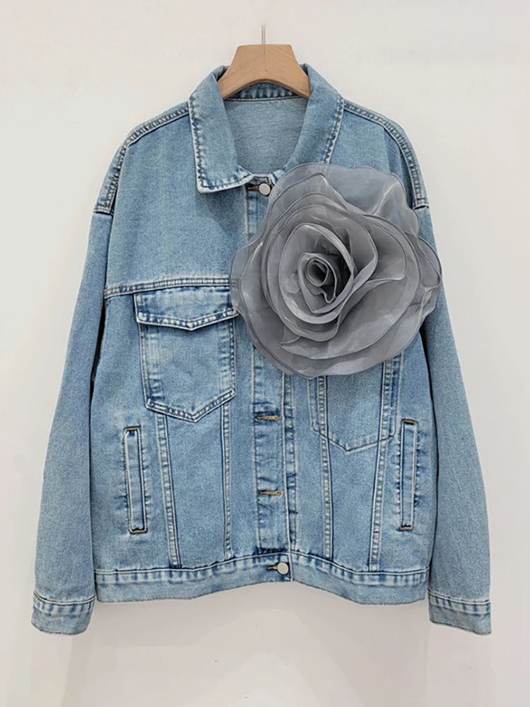 Pre Order:  Spliced 3D Flower Long Sleeve Blue Denim Jacket