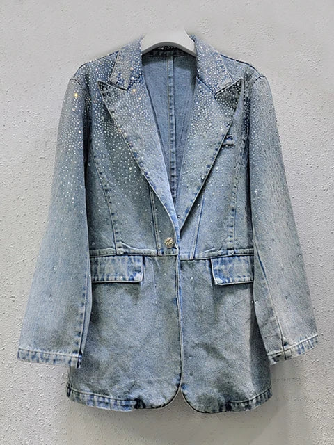 Pre Order:  Vintage Diamond Embellished Single Button Denim Blazer