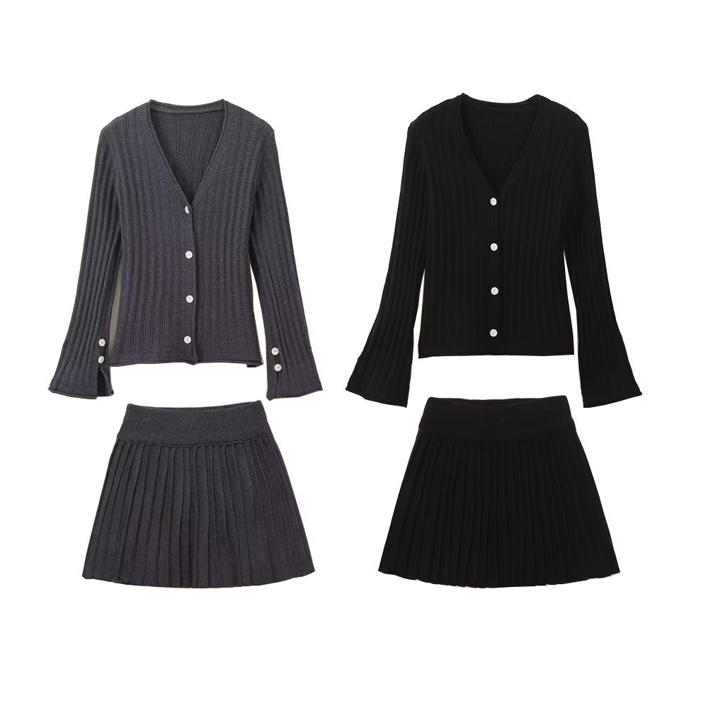 Pre Order:  Cuff Slit Pleated Knitted Cardigan + Skirt Set