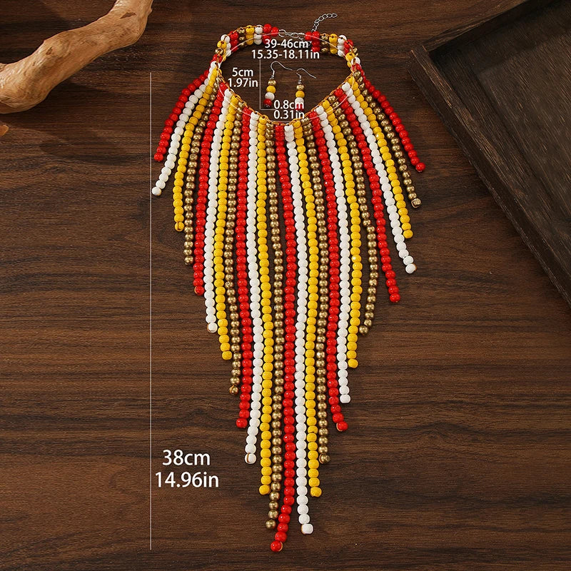 Pre Order:  Bohemian Wood Bead Multi-Layer Tassel Necklace + Earrings Set