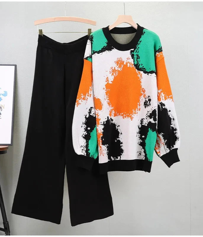 Knitted Printed Lantern Sleeve Sweater + Wide Leg Pants