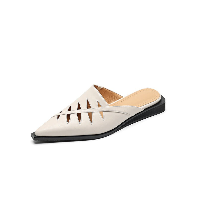 Pre Order:  Cowhide Hollow Pointy Low Heel Mule Shoes