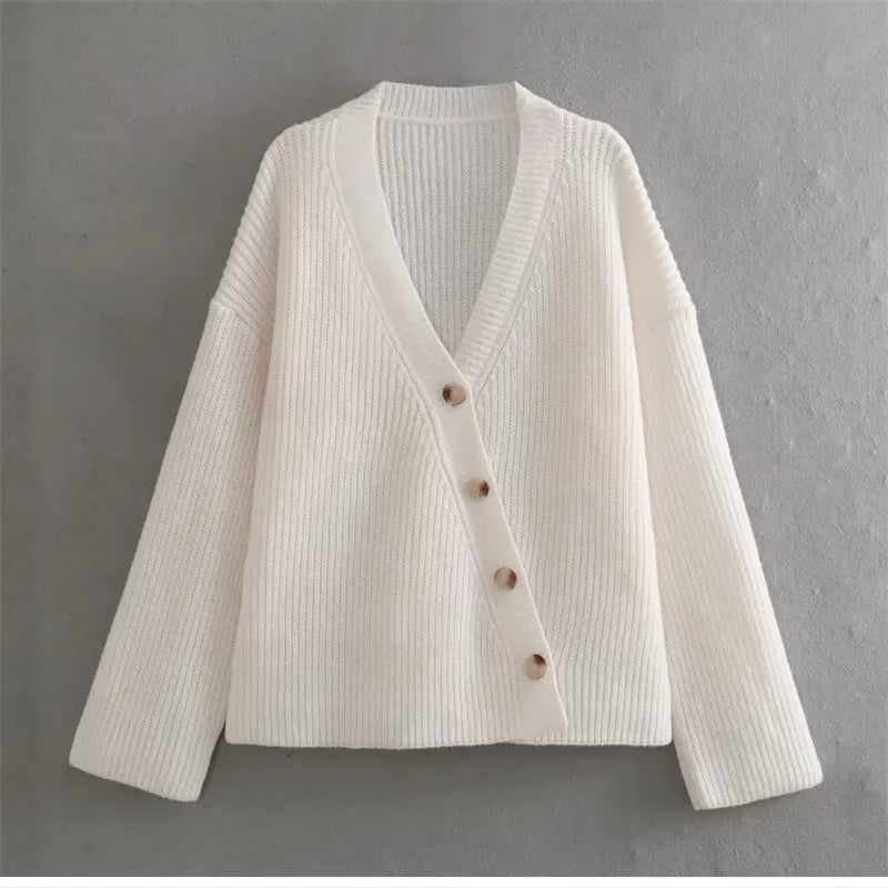 Pre Order:  White Knitted V-Neck Cardigan Sweater