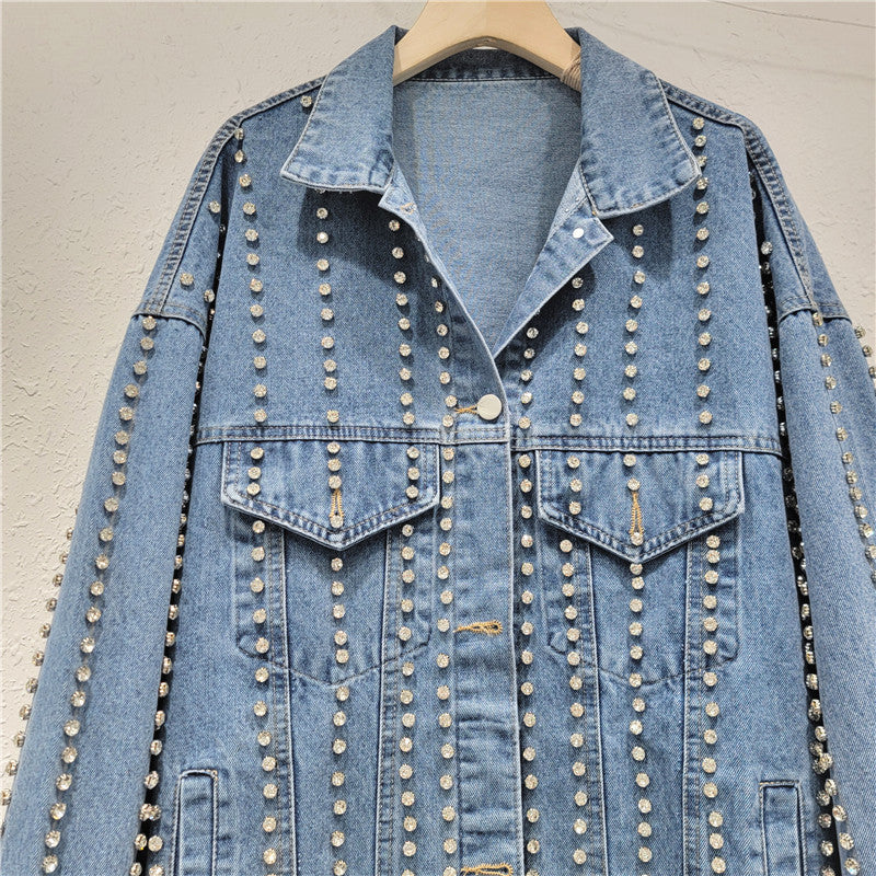 Pre Order: Denim Vertically Studded Loose Jacket