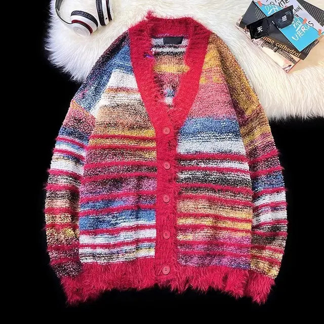 Fuzzy Striped Gradient Knit Cardigan