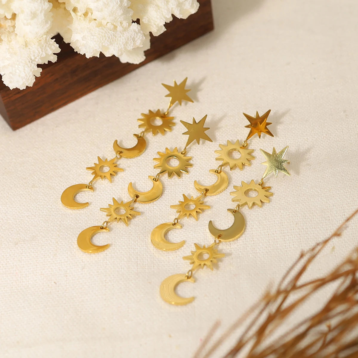 Pre Order:  Long Drop Star Moon Charms Stainless Earrings