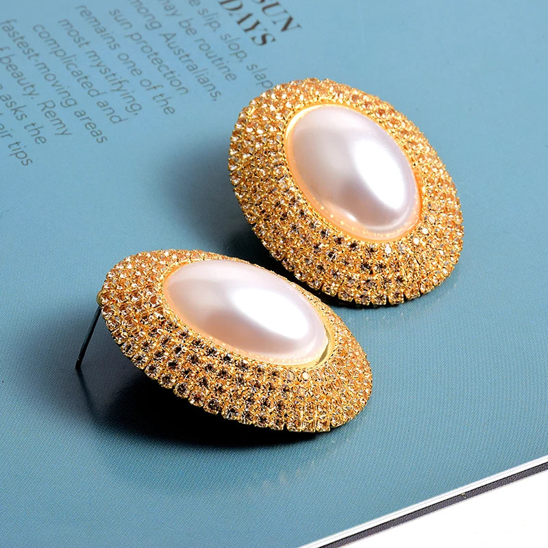 Pre Order:  Rhinestones Oval Faux Pearl Earrings