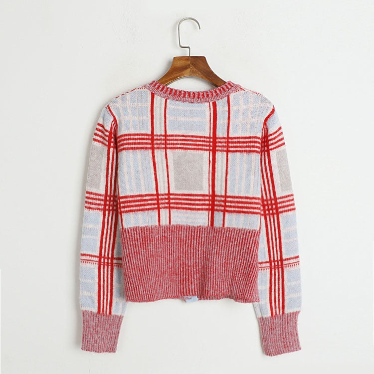 Pre Order:  Embroidered Plaid Mohair Round Neck Short Cardigan