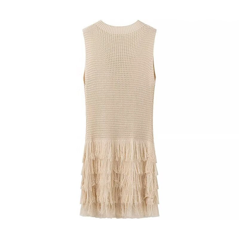 Pre Order:  Knitted Sleeveless Round Neck Hollow Out Tassel Dress