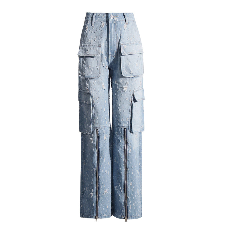 Pre Order:  Blue Ripped Distressed Multi-Pocket High Waist Long Jeans