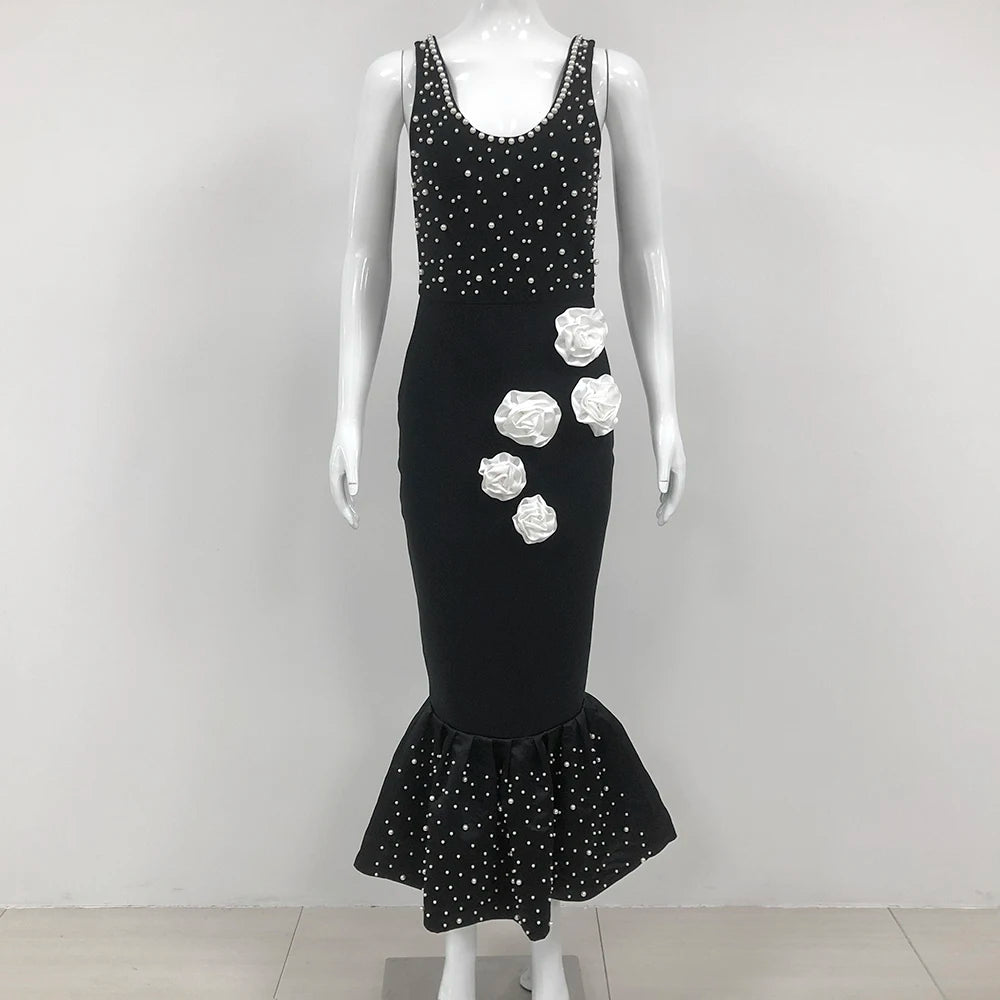 Pre Order: Elegant Floral Embellished Beaded Long Skirt Dress