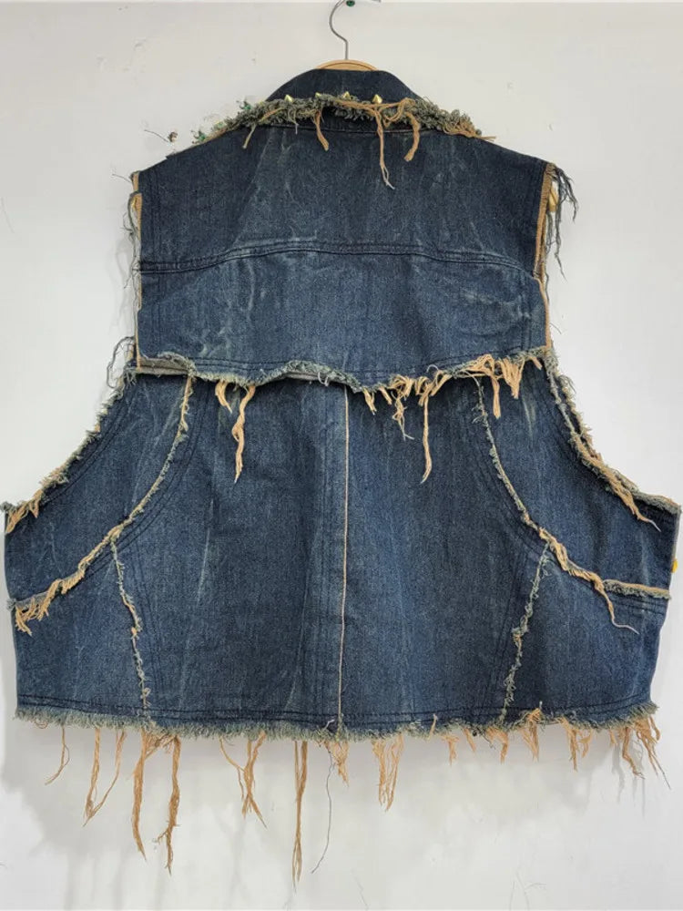 Vintage Flower Sequin Diamond Loose Denim Vest