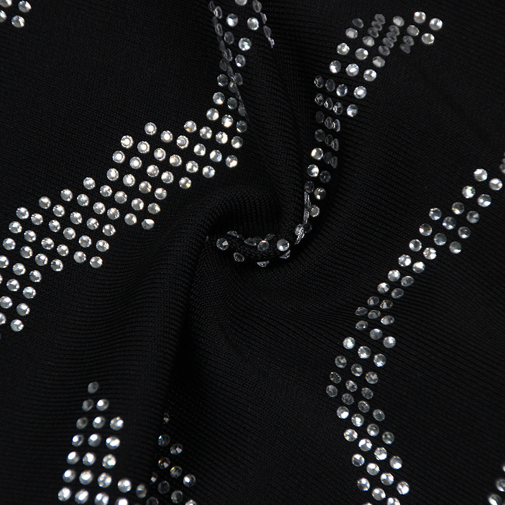 Pre Order:  Beaded Rhinestone Long Sleeve Bandage Black Dress