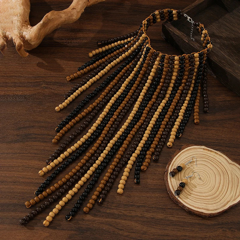 Pre Order:  Bohemian Wood Bead Multi-Layer Tassel Necklace + Earrings Set