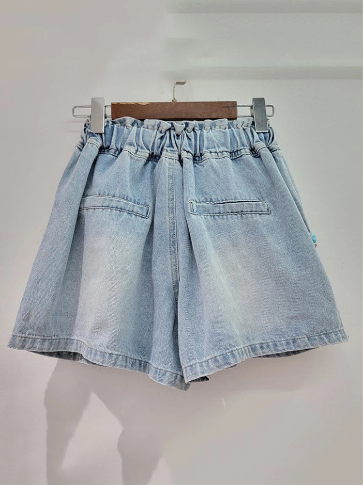 Pre Order:  Diamond Studded Blue Beads Wide Leg Denim Shorts