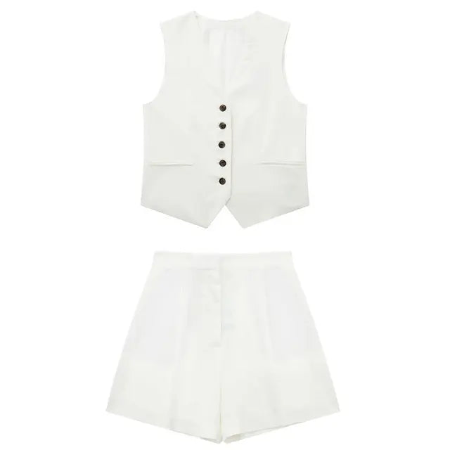 Pre Order:  Solid Button Sleeveless Linen Vest + Shorts Set