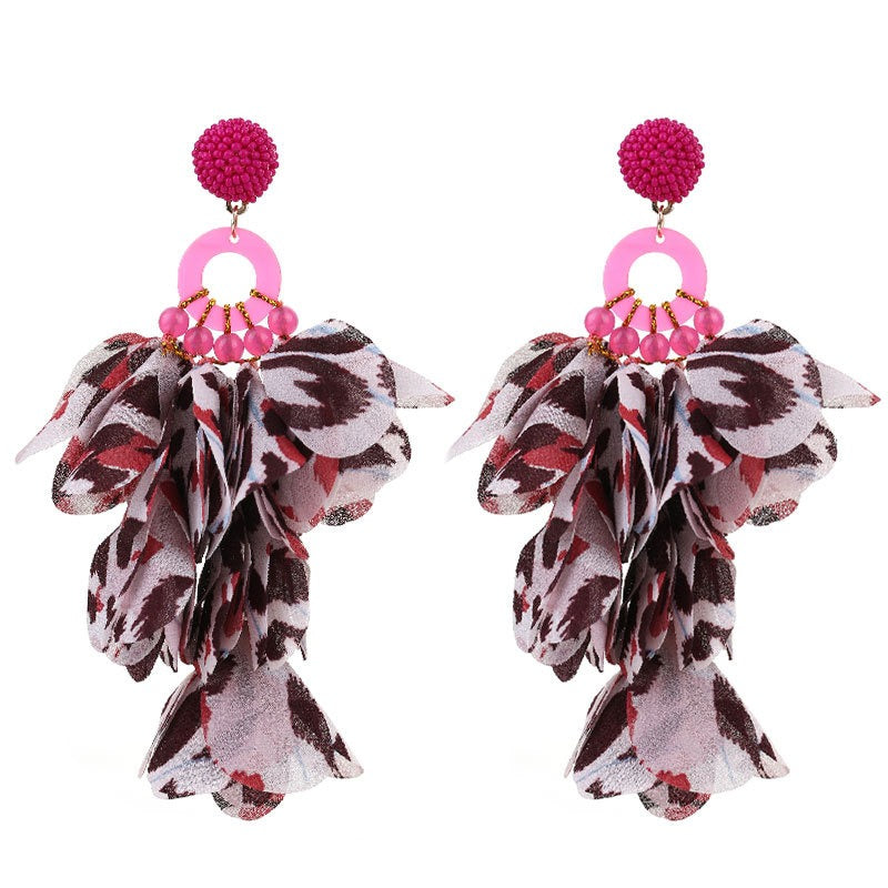 Pre Order:  Fabric Petals Dangling Beaded Earrings