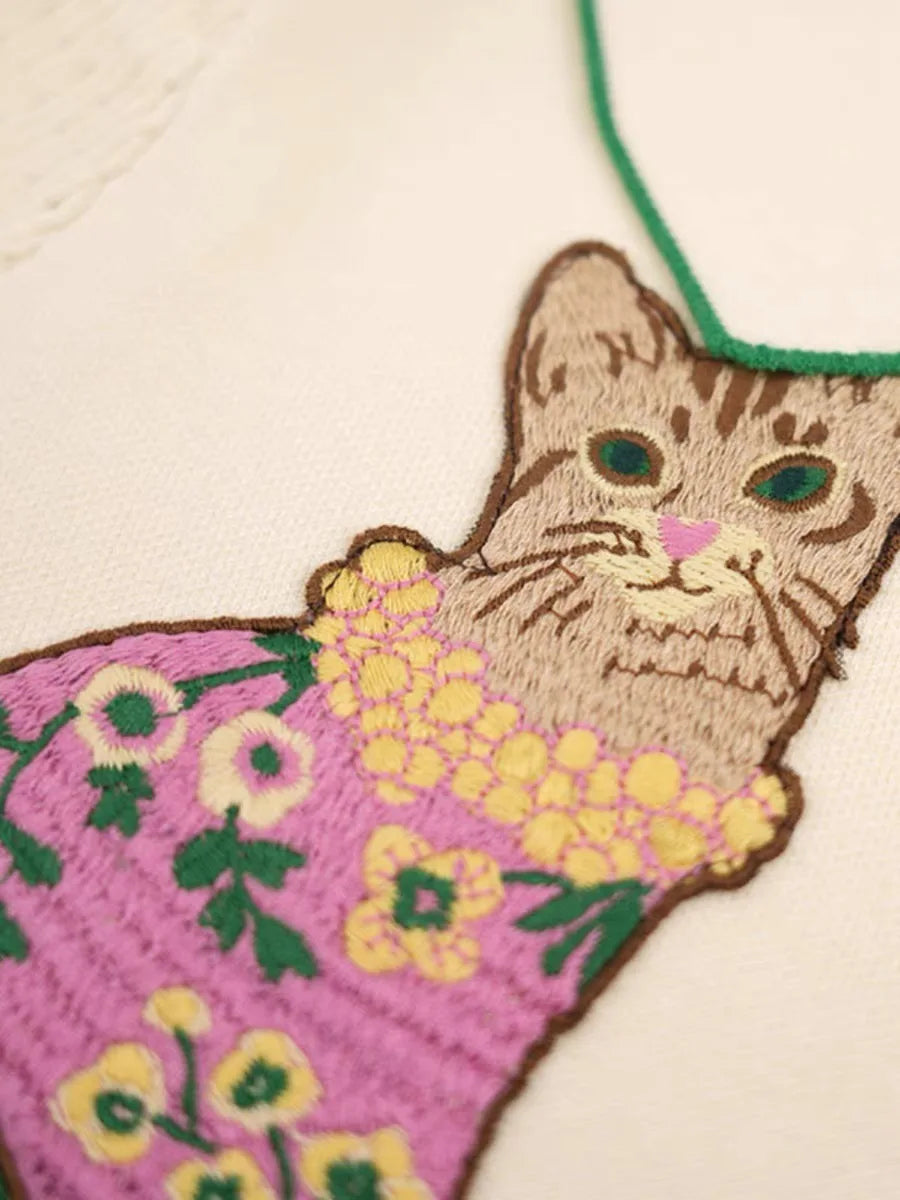 Pre Order:  Cat Embroidery Short Sleeve Knitted T-Shirt