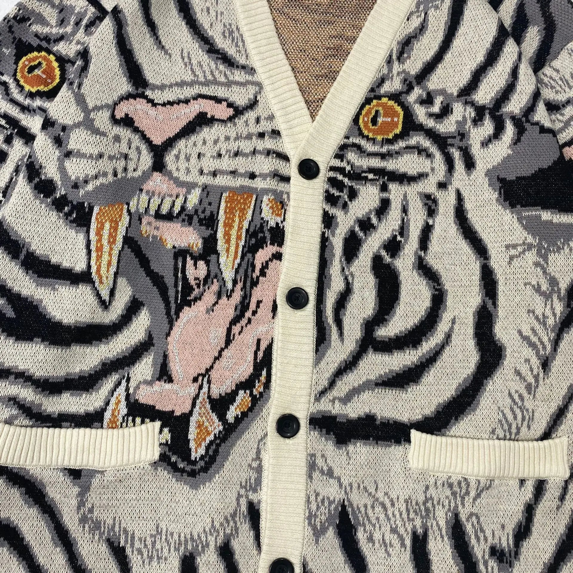 Pre Order:  Vintage Tiger Totem V-Neck Knitted Cardigan Sweater