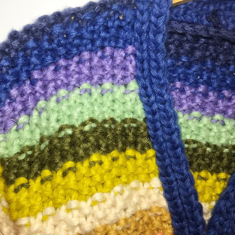 Handmade Rainbow Striped Crocheted Thick Cardigan