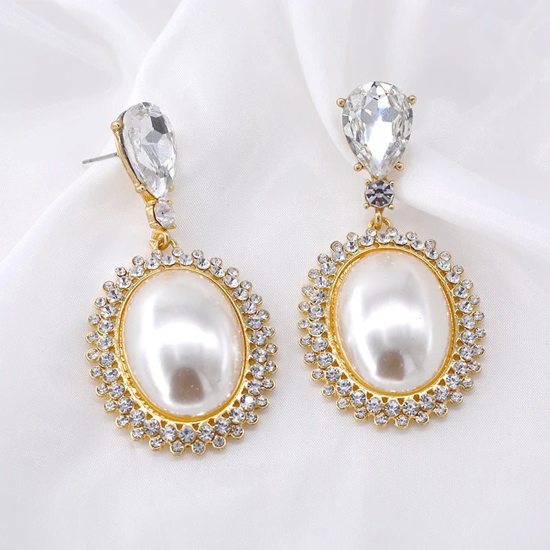 Big Oval Pearl Crystal Long Drop Earrings