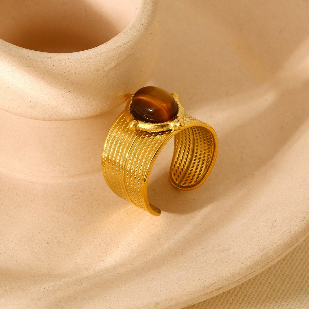 Pre Order:  Retro Gold-Plated Tiger Eye Marble C-Shaped Open Ring