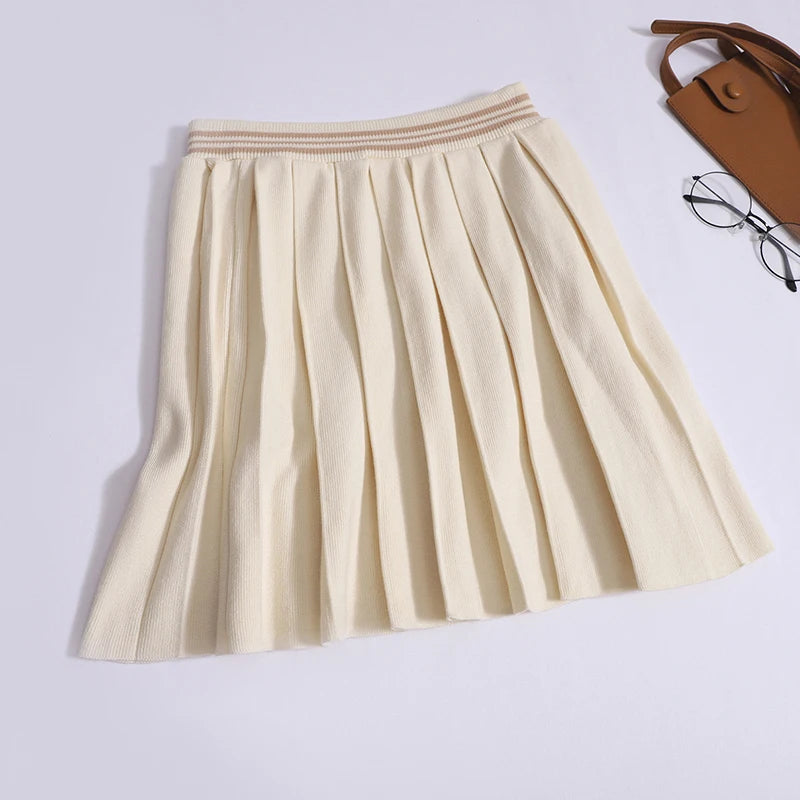 Pre Order:  Embroidered Bow Knitted Pleated Top + Pleated Mini Skirt Set