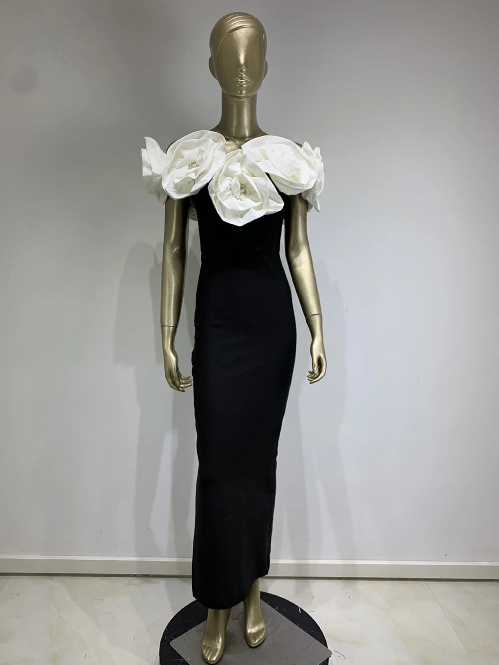 Pre Order: Large White Flower Black Bandage Dress