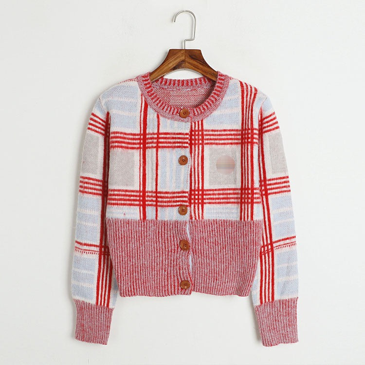 Pre Order:  Embroidered Plaid Mohair Round Neck Short Cardigan