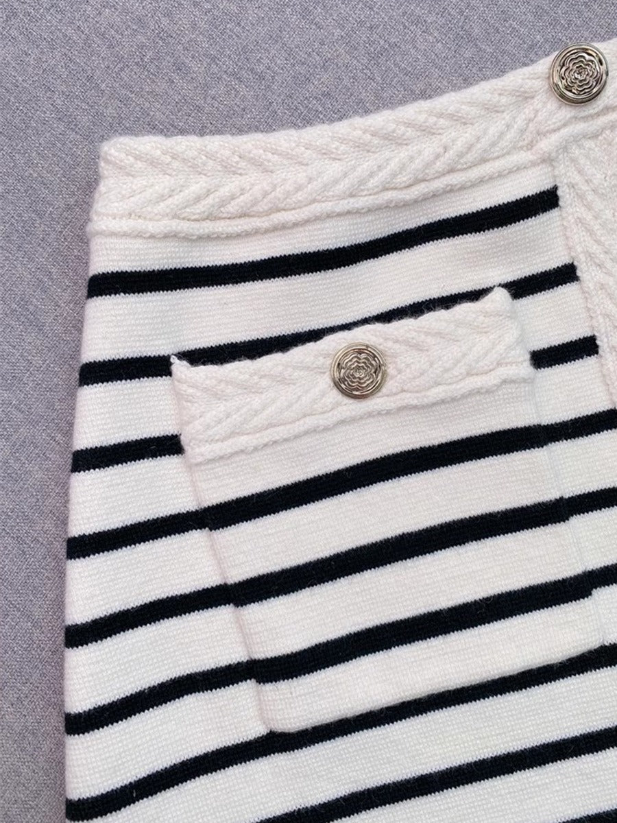 Pre Order:  Striped V-Neck Knit Vest + A-Line Knit Skirt