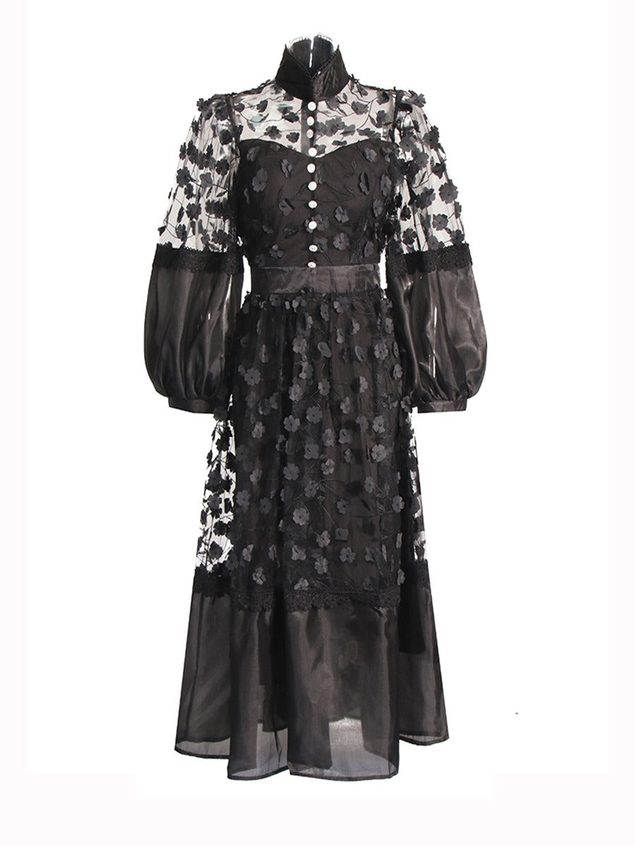 Pre Order:  Stand Collar Mesh See-Through Puff Sleeves Floral Dress