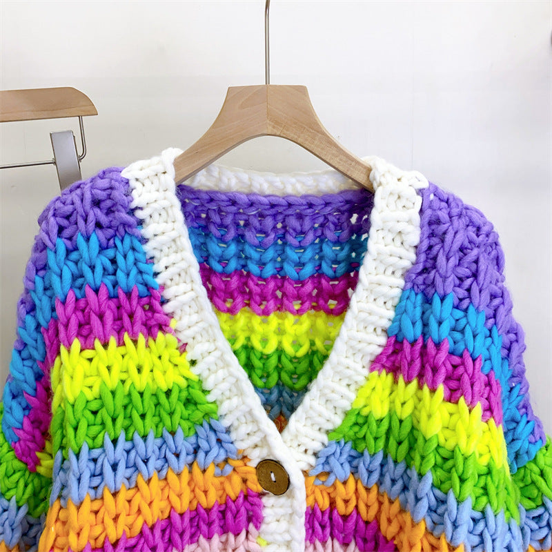 Hand Woven Rainbow Striped Cardigan