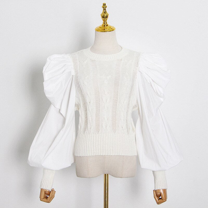 Pre Order:  Puff Sleeves Spliced Knit Sweater