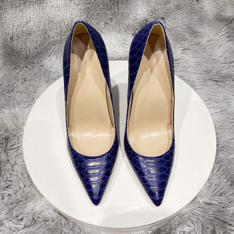 Pre Order:  Navy Crocodile Pattern Pointed-Toe Pumps Shoes