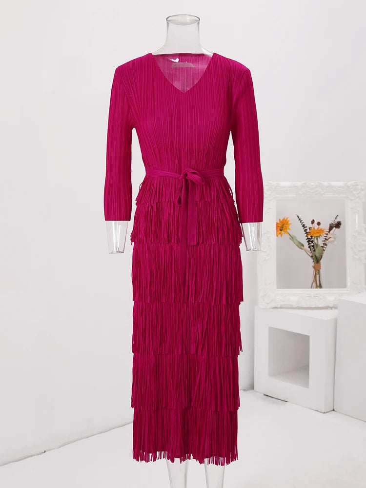 Pre Order:  Solid Pleated Fringe Dress