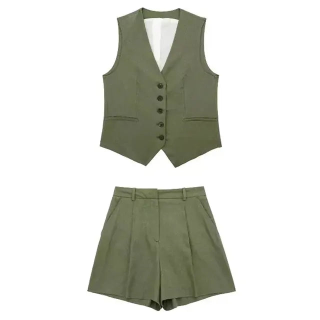 Pre Order:  Solid Button Sleeveless Linen Vest + Shorts Set