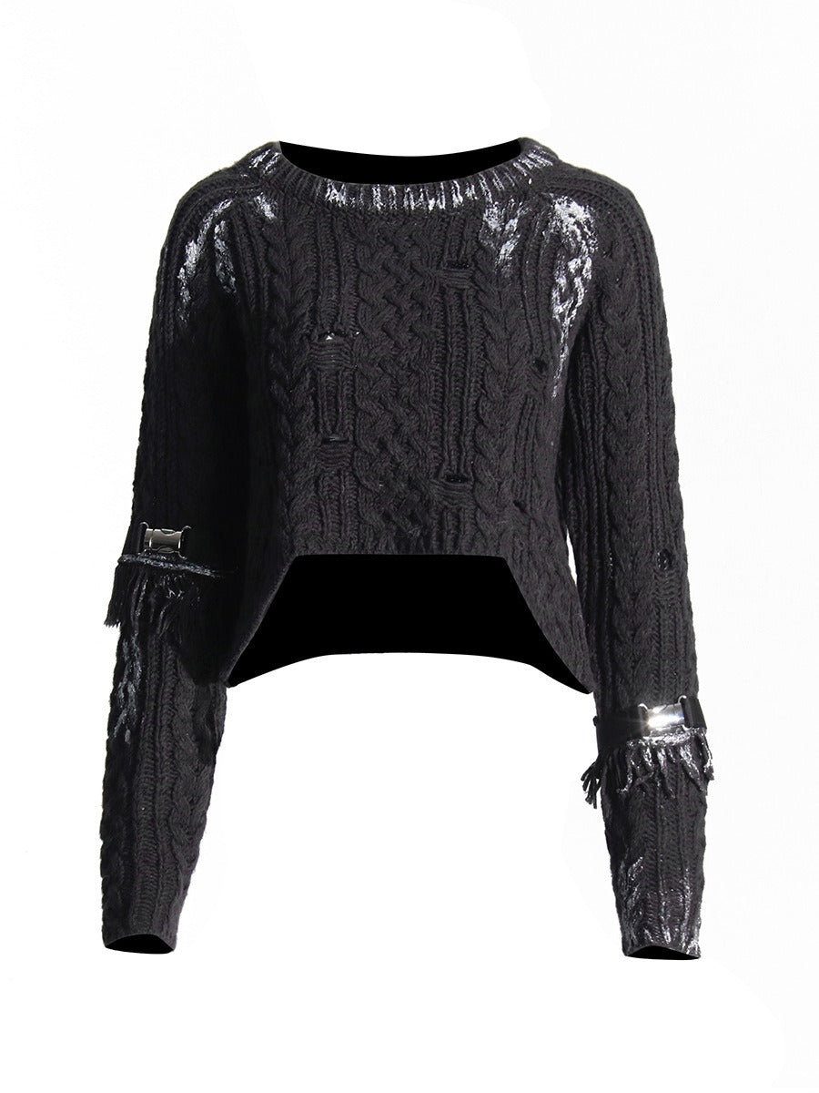 Pre Order:  Belt Tassel Long Sleeve Knitted Cropped Sweater