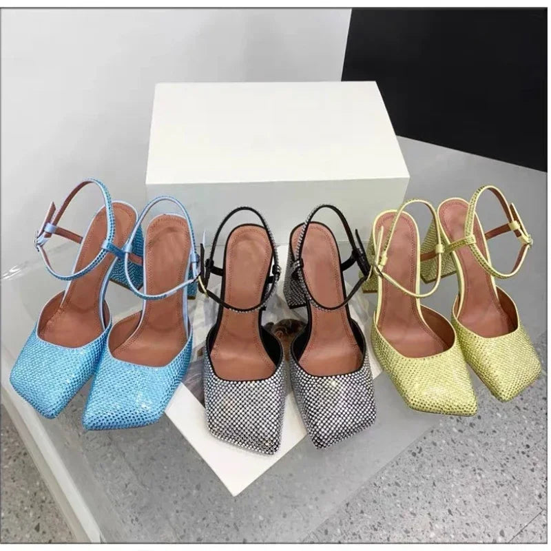 Pre Order:  Rhinestone Chunky Heel Square Toe Sandals