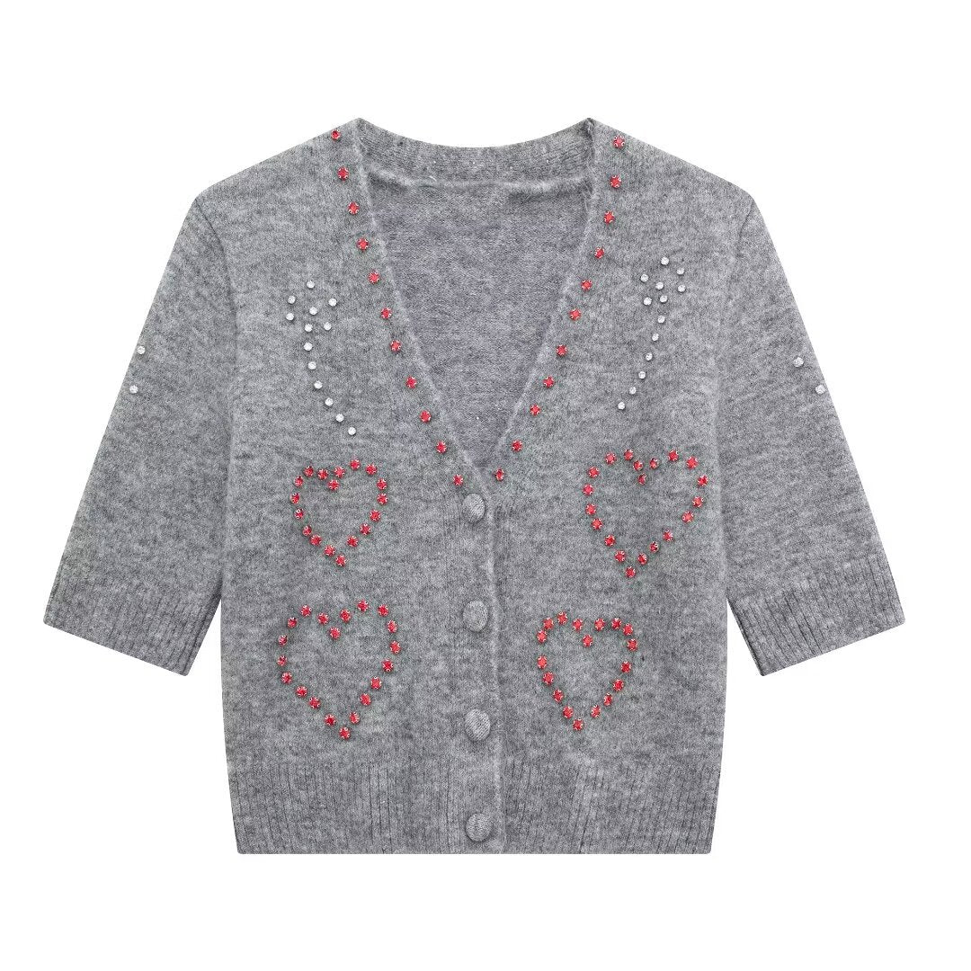 Pre Order: Beaded Casual V-Neck Loose Knit Cardigan