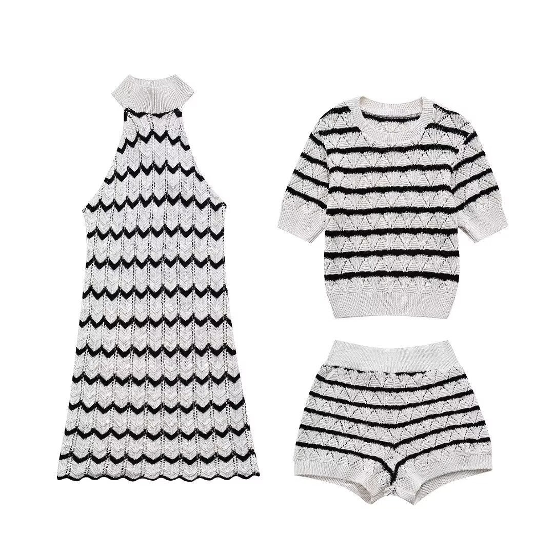 Pre Order:  Casual Striped Knitted Dress + Top + Shorts