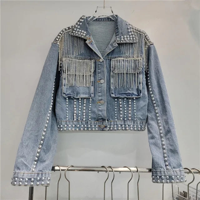 Pre Order: 3D Workwear Pocket Rivet Studded Diamond Tassel Denim Jacket