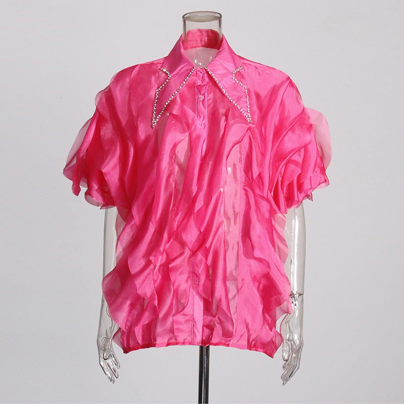 Pre Order:  Layered Ruffle Diamond Lapel Short Sleeve Shirt