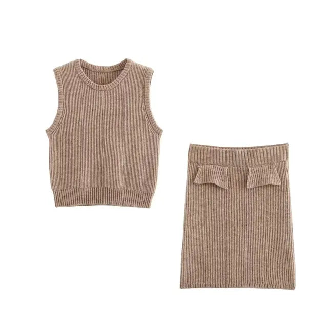 Pre Order:  Round Neck Knitted Vest + Hip Hugging Knitted Skirt