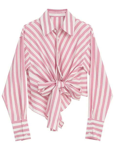 Pre Order:  Casual Pink Striped Bow Blouse